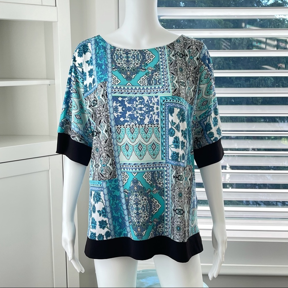 RICKI’S Women's Patterned Blue Green White Black 3/4 Sleeve Scoop Neck Top